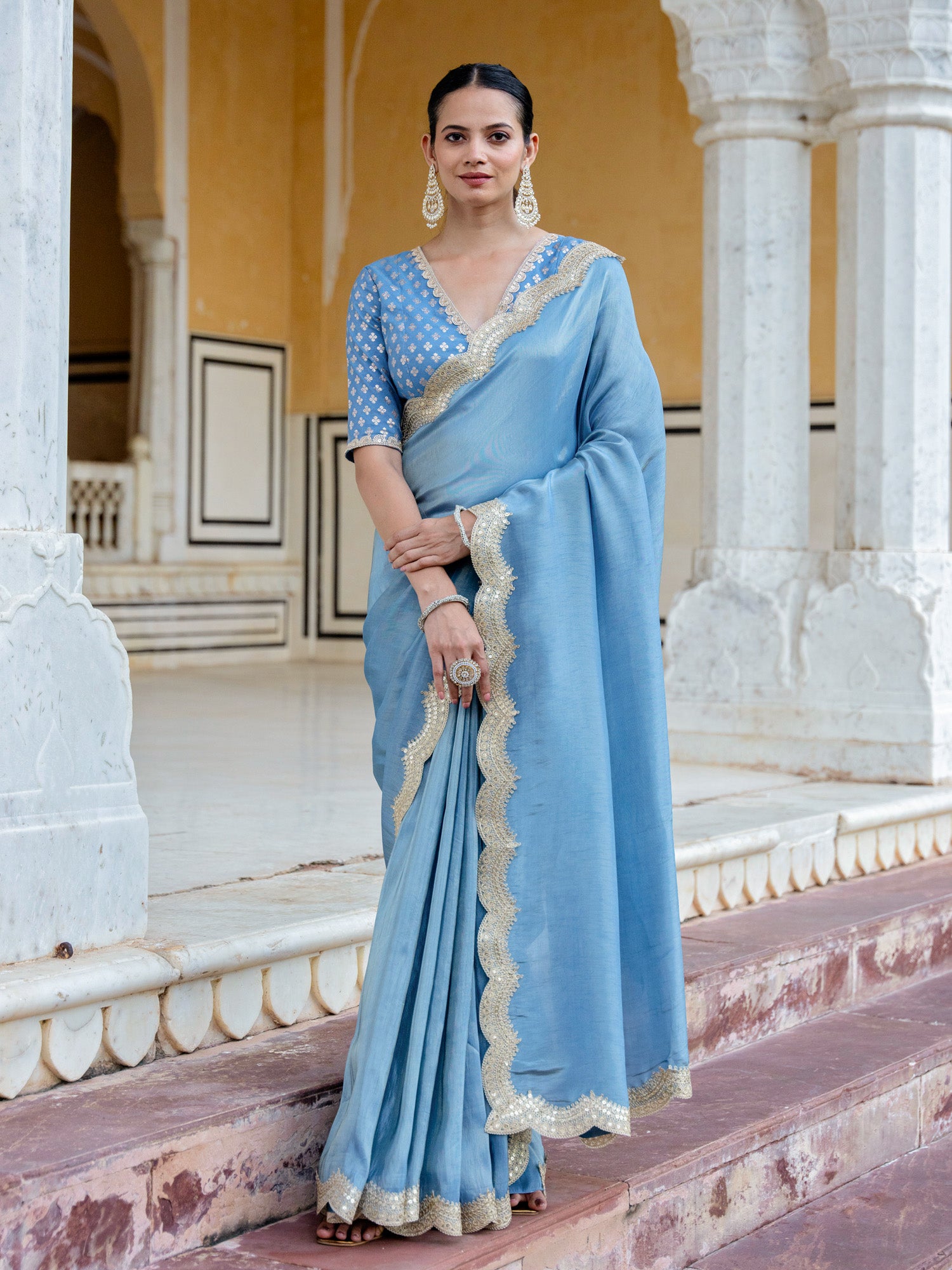 Blue Viscose Tissue Saree